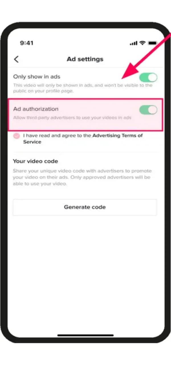 Същият екран с включен Ad authorization и отметнато съгласие с Advertising Terms of Service.