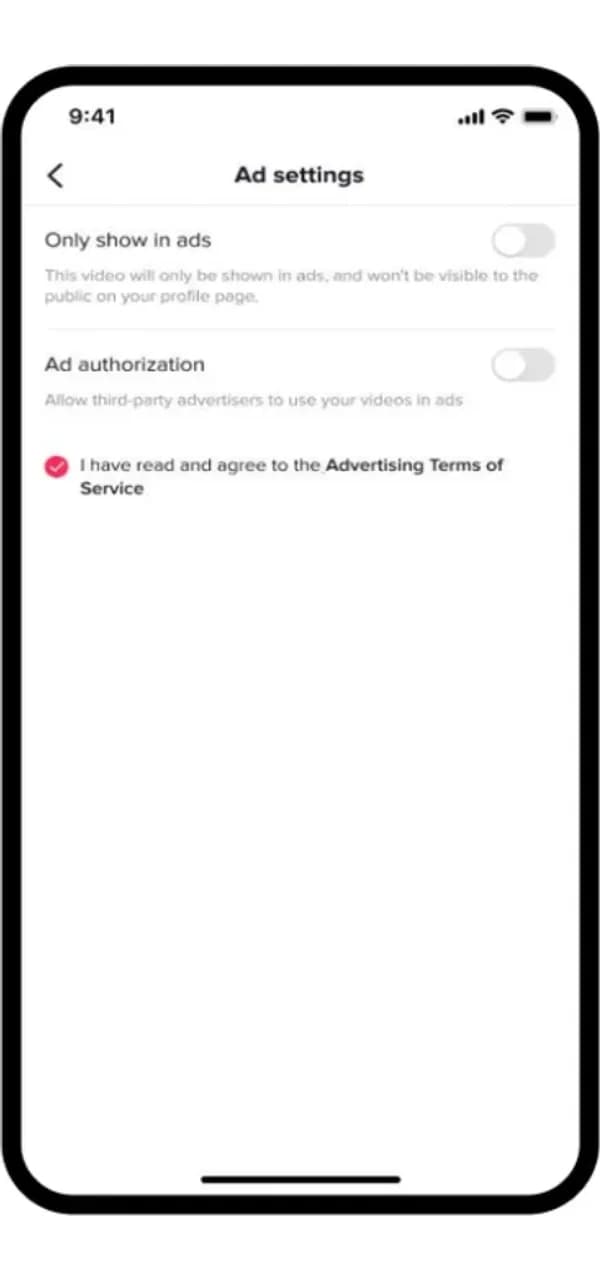 Екран Ad settings с изключени превключватели Only show in ads и Ad authorization.