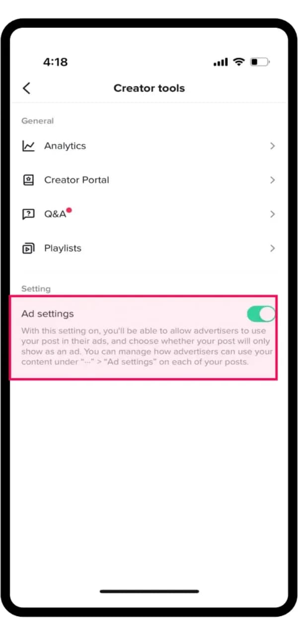 Екран Creator tools с включен превключвател Ad settings в секцията Setting.