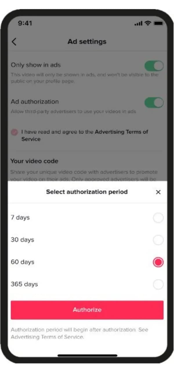 Изскачащ прозорец Select authorization period с опции 7, 30, 60 и 365 дни и бутон Authorize.