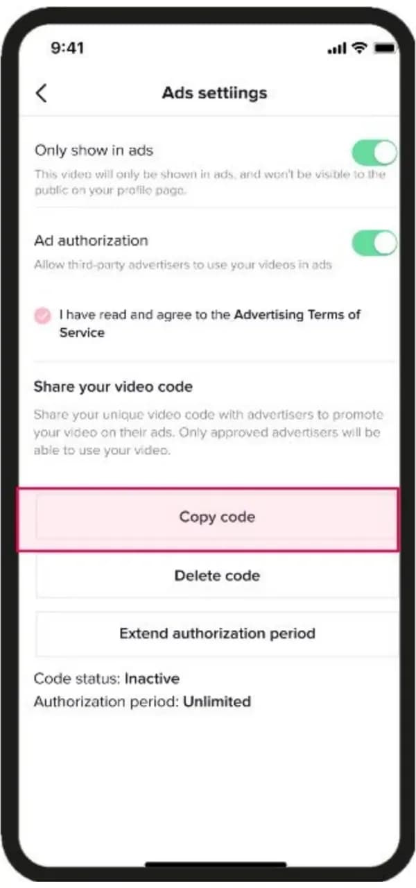 Екран Ad settings с бутони Copy code, Delete code и Extend authorization period.