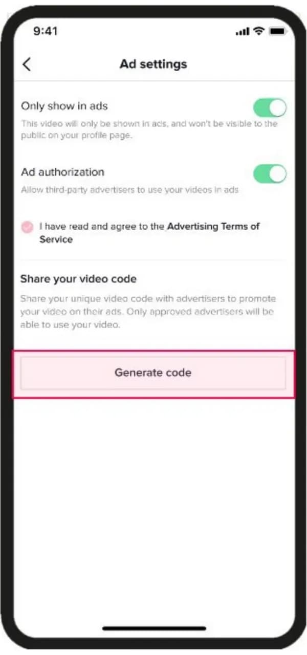 Екран Ad settings с включени превключватели и отбелязан бутон Generate code най-долу.